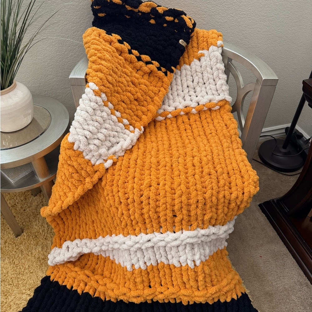 Chunky Handmade Crochet Blanket in Orange, Black, and White